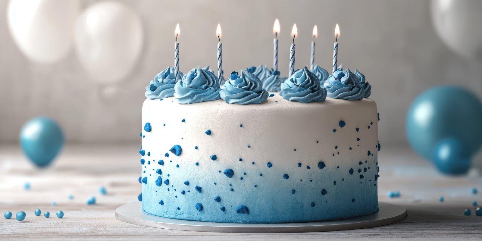Beautiful blue ombre birthday cake with candles ready for celebration in bright, festive setting